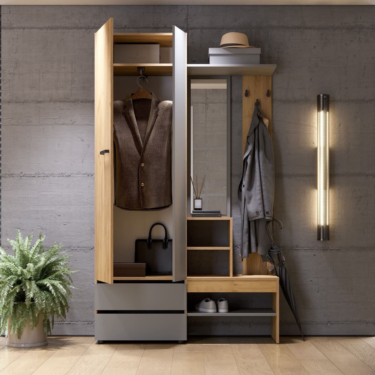 МС "Абрау" Вешалка с зеркалом Дуб Золотой/Графит Серый