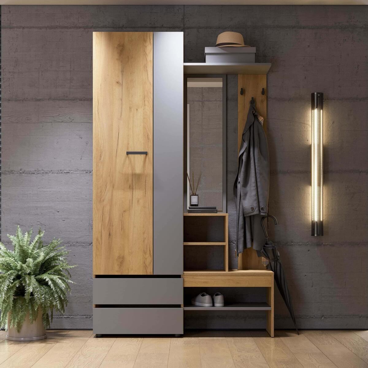 МС "Абрау" Вешалка с зеркалом Дуб Золотой/Графит Серый