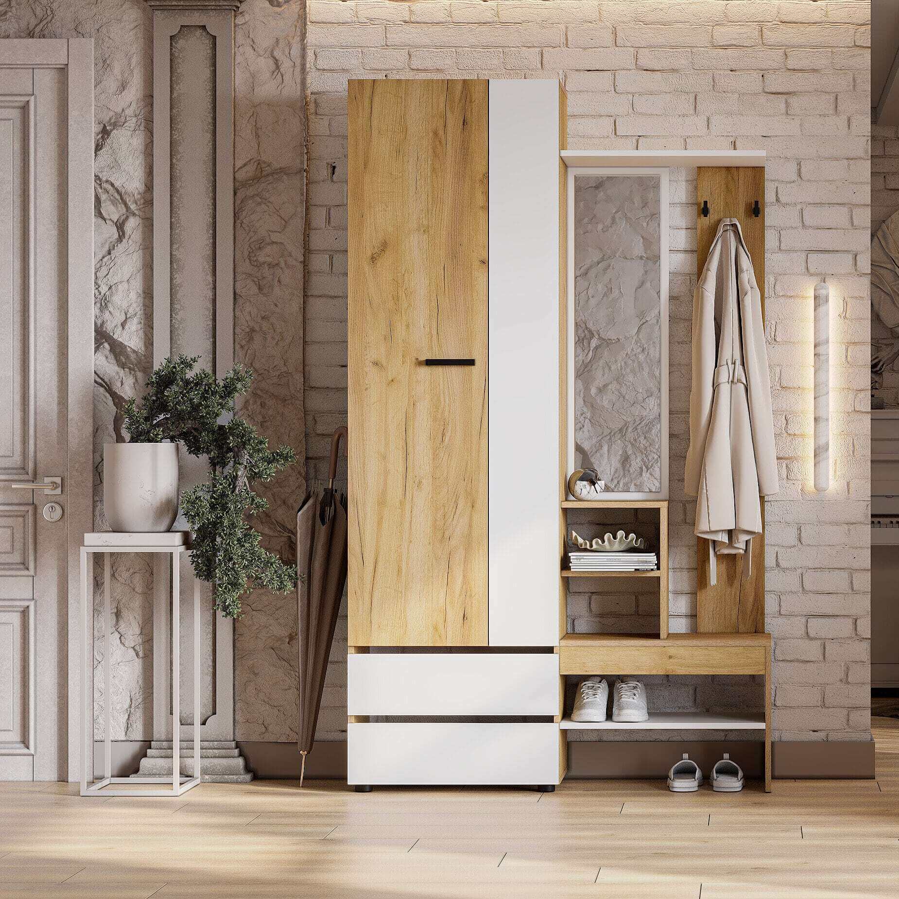 МС "Абрау" Вешалка с зеркалом Дуб Золотой/Белый