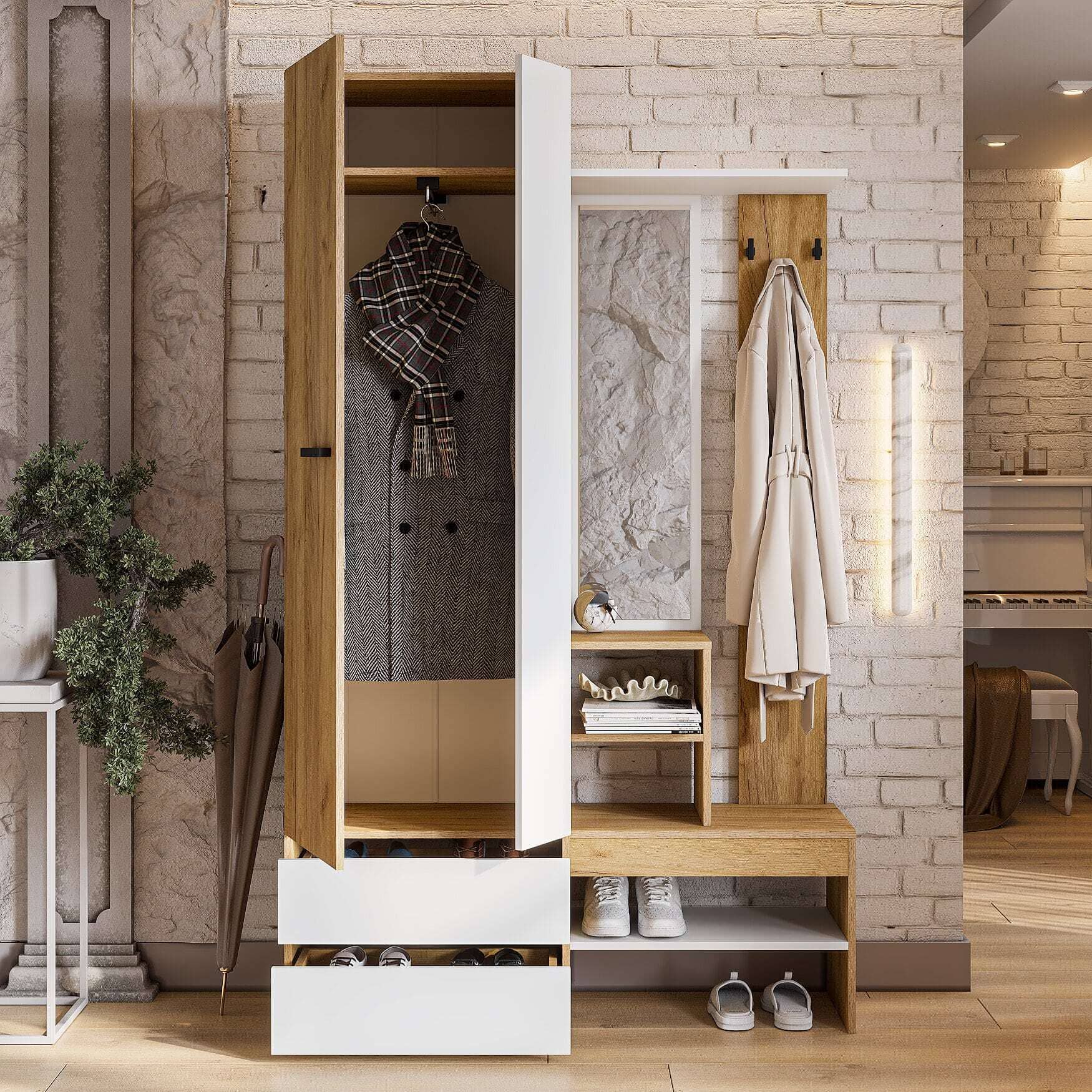 МС "Абрау" Вешалка с зеркалом Дуб Золотой/Белый