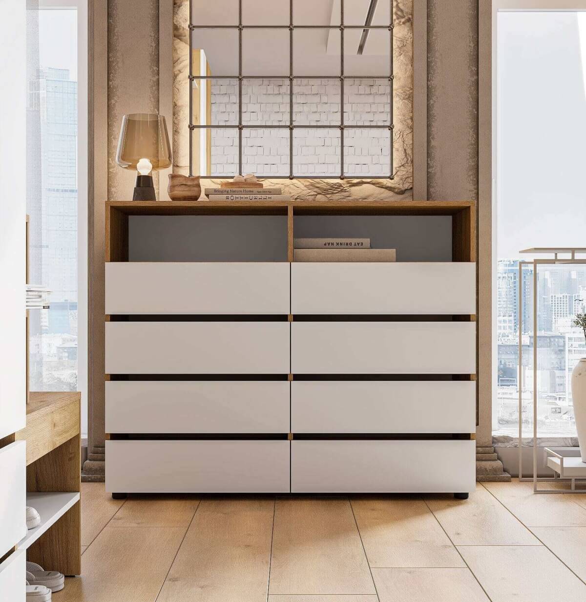 МС "Абрау" Комод с ящиками Дуб Золотой/Белый